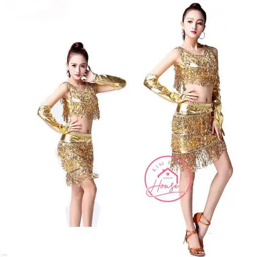Đầm khiêu vũ latin tua rua đính kim sa vàng