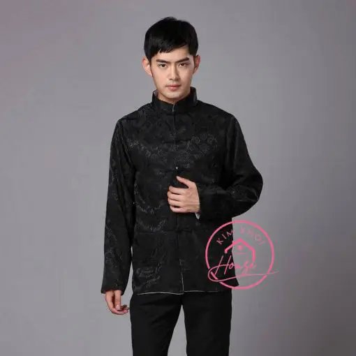 Áo sườn xám nam gấm đen