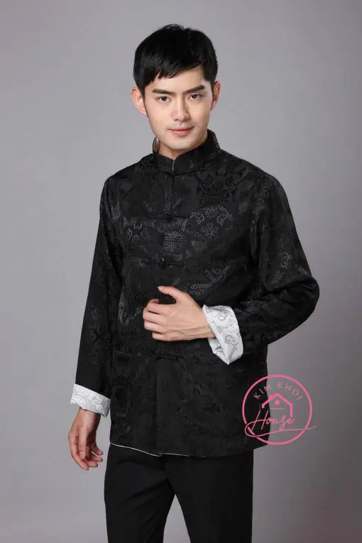 Áo sườn xám nam gấm đen