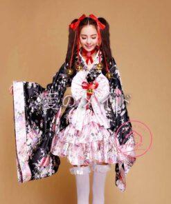 Kimono Yukata Đen Hồng ngắn cosplay lolita 