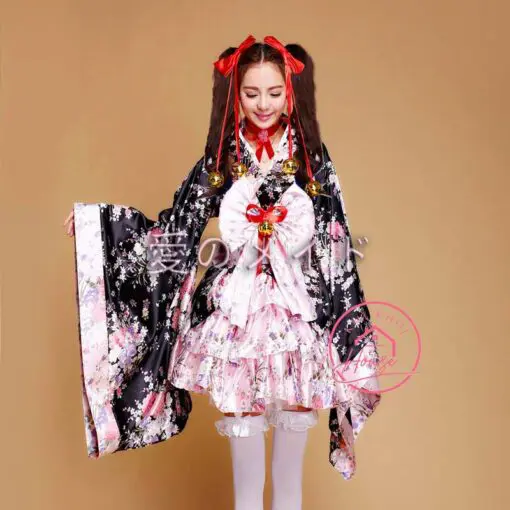 Kimono Yukata Đen Hồng ngắn cosplay lolita 