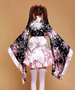 Kimono Yukata Đen Hồng ngắn cosplay lolita 