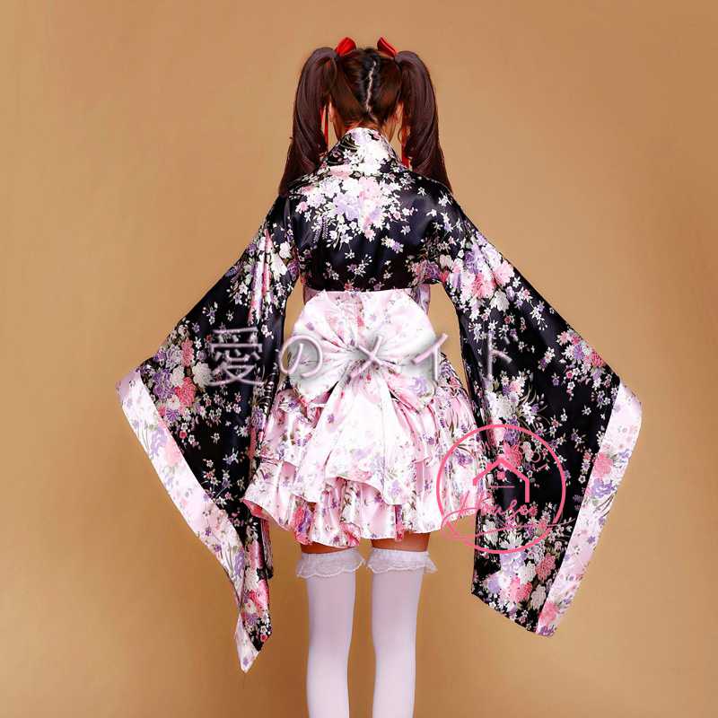  Kimono Yukata Đen Hồng ngắn cosplay lolita 