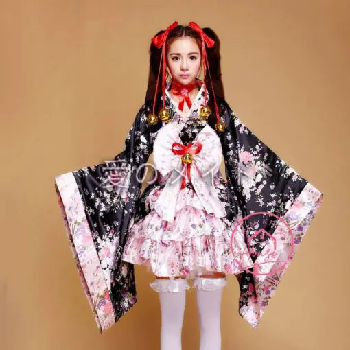Kimono Yukata Đen Hồng ngắn cosplay lolita 