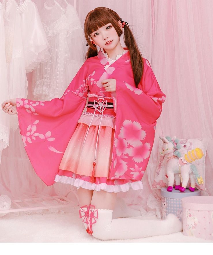 Kimono Yukata Hồng ngắn cosplay lolita 