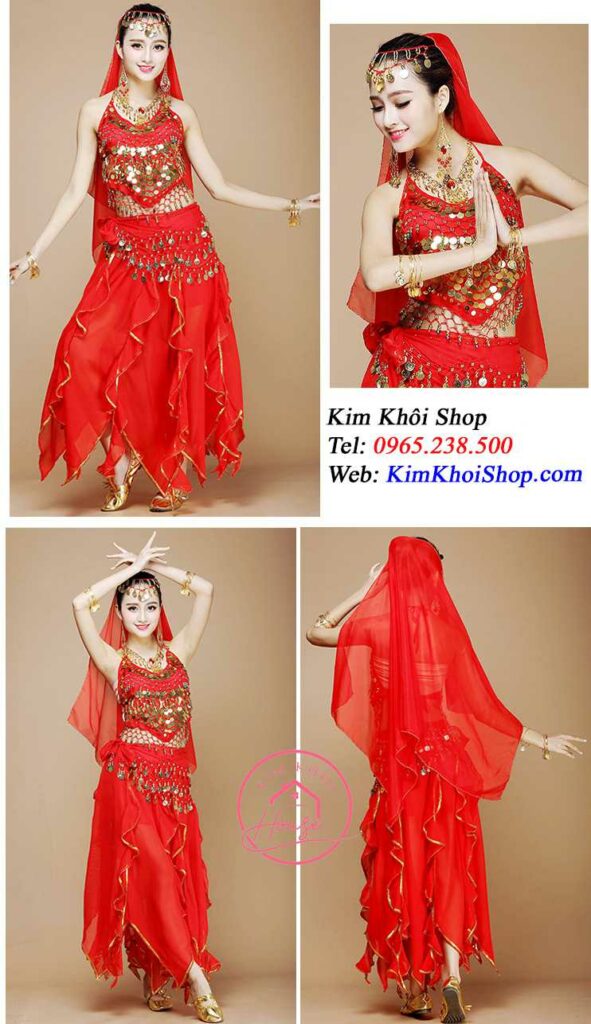 Belly Dance Ấn Độ Đỏ Váy Kim Tuyến