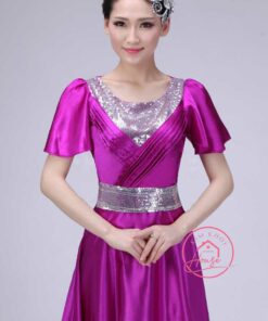 Váy Dạ Hội Lụa Tím Sen Có Tay Cao Cấp Kim Sa Viền (Eo 65 - 93cm)