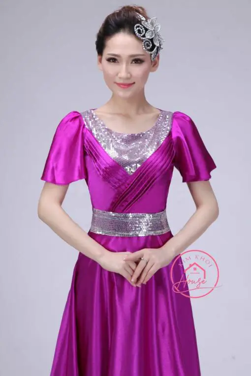 Váy Dạ Hội Lụa Tím Sen Có Tay Cao Cấp Kim Sa Viền (Eo 65 - 93cm)