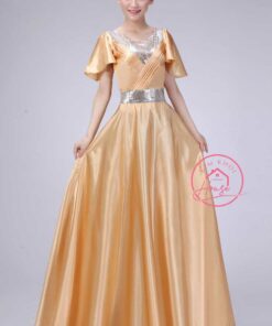Váy Dạ Hội Lụa Vàng Có Tay Cao Cấp Kim Sa Viền (Eo 65 - 93cm)