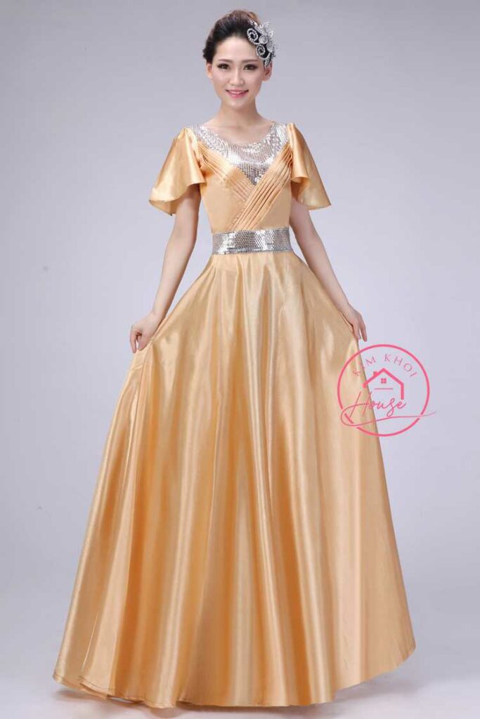Váy Dạ Hội Lụa Vàng Có Tay Cao Cấp Kim Sa Viền (Eo 65 - 93cm) 2