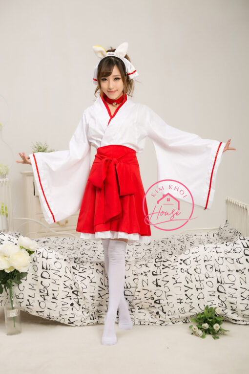 Kimono Yukata Trắng Đỏ ngắn cosplay lolita