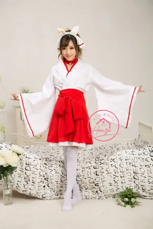 Kimono Yukata Trắng Đỏ ngắn cosplay lolita