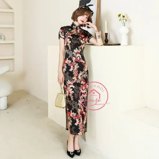 Áo Sườn Xám Đen Hoa Lay Ơn Lụa