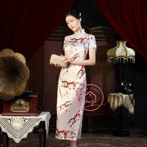 Áo Sườn Xám Trắng Hoa Đào
