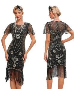 Váy Dự Tiệc Gatsby Đen Viền Bạc Tay Cánh Tiên